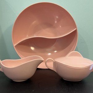Vintage Lot Stetson Pink Divided Bowl w Cream & Suger Bowls MCM Melamine